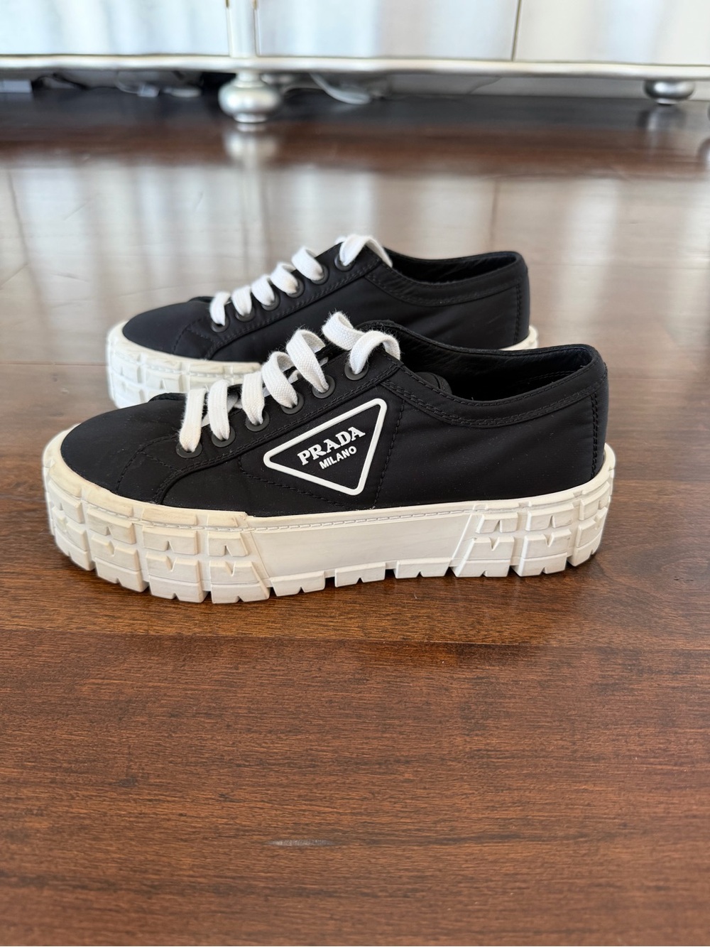 Prada Double Wheel Nylon Platform Sneakers in Black, Size 39 (8.5/9)